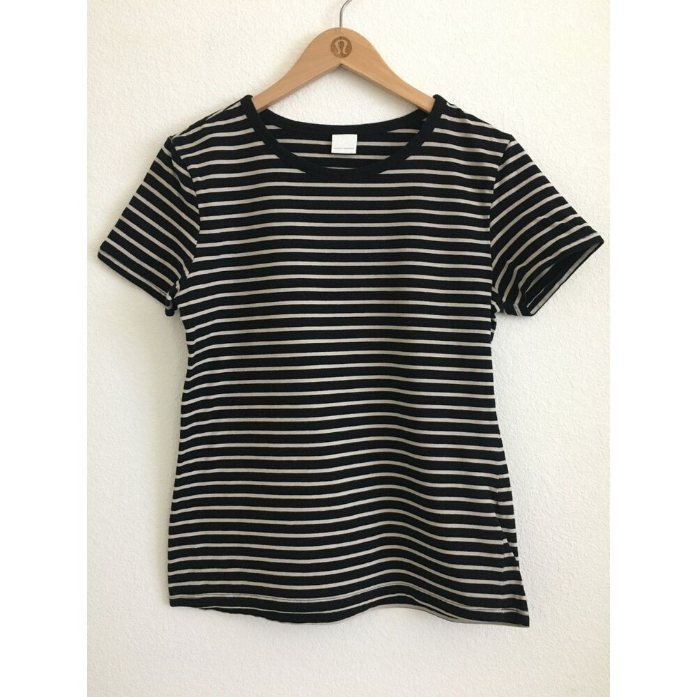 H&M Basics Black Beige Striped Stretch Cotton T Shirt Womens
